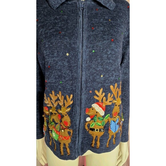 Tiara International Vintage Embellished Rhinestone Reindeer Sweater Size Large - Picture 3 of 13
